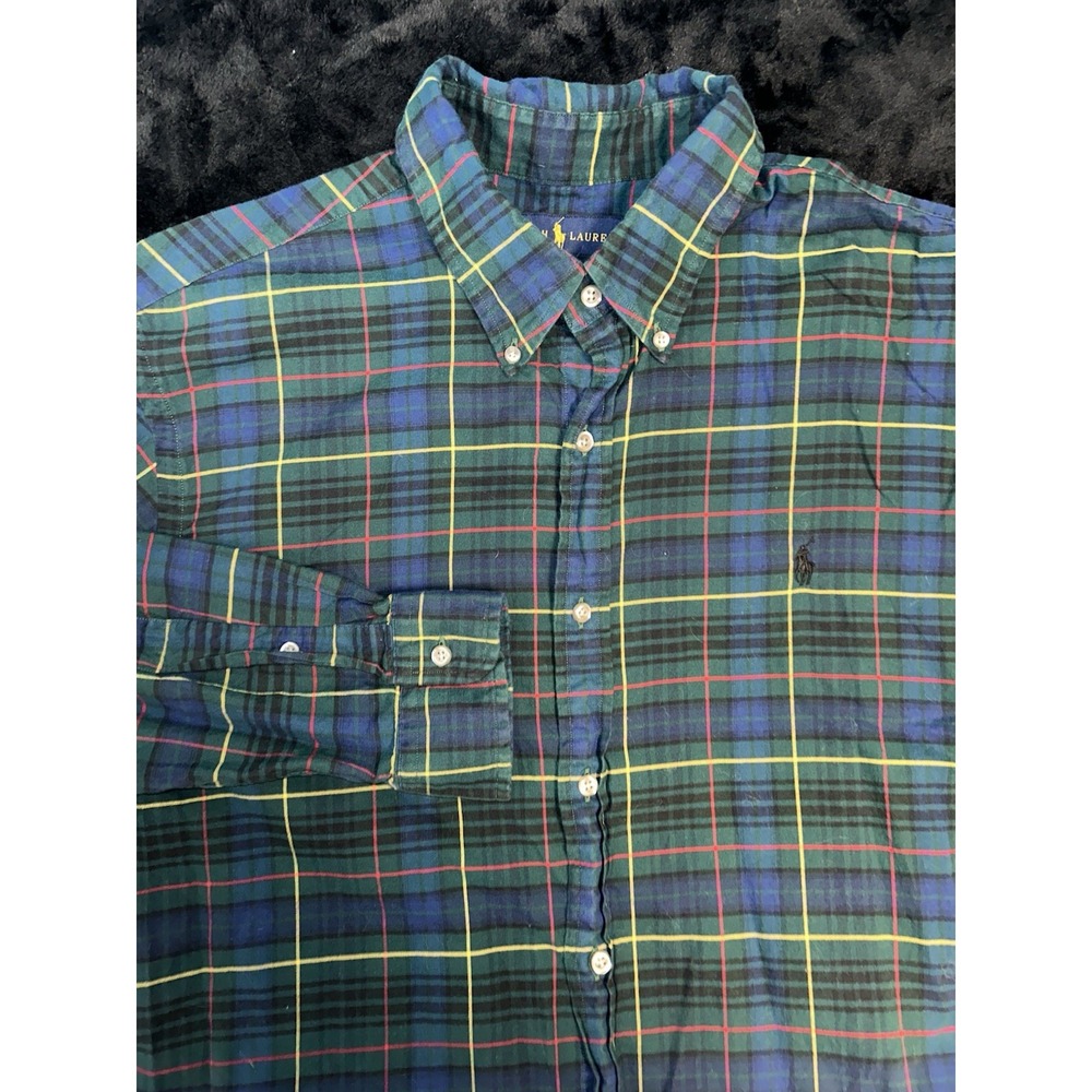 Ralph Lauren Shirt Mens XL Green Blue Plaid Slim Fit Stretch Oxford LS BLK Pony